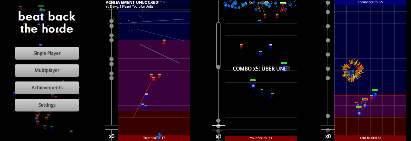 Several side-by-side screen images from Beat Back the Horde, showing red and blue triangles and circles fighting each other with some lines and particle effects.